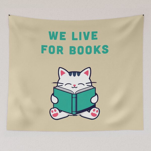 Item preview, WE LIVE FOR BOOK, cute cat reading an open book  designed and sold by La Loca.