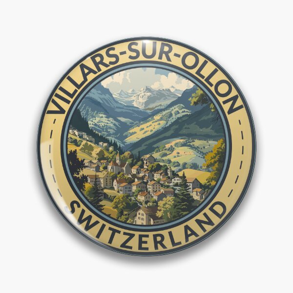 Item preview, Villars-sur-Ollon Switzerland Illustration Travel Art Badge designed and sold by KrisSidDesigns.