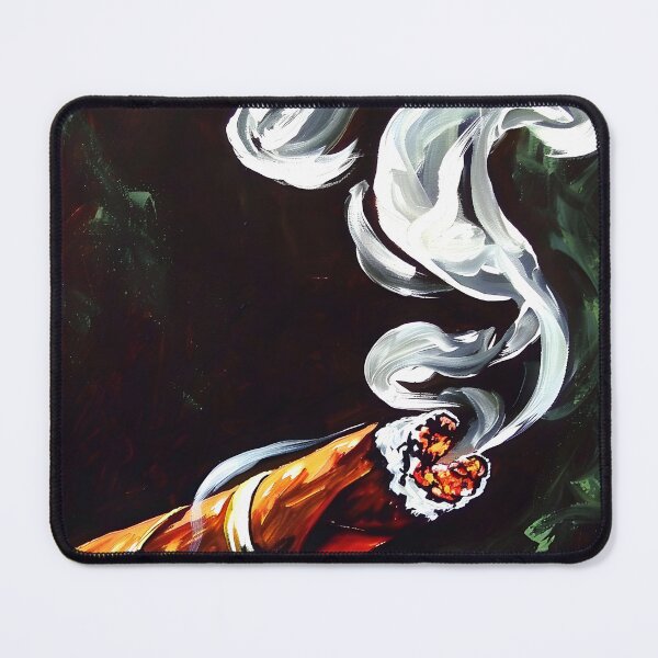 Item preview, Glowing Lit Cigar with White Smoke - Warm Accents on Ember and Gold Band Against Shadowy Background designed and sold by OlfactoART Studio.