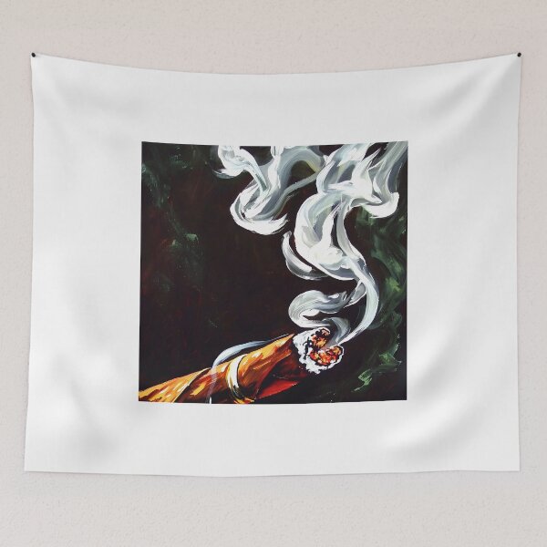 Item preview, Glowing Lit Cigar with White Smoke - Warm Accents on Ember and Gold Band Against Shadowy Background designed and sold by OlfactoART Studio.