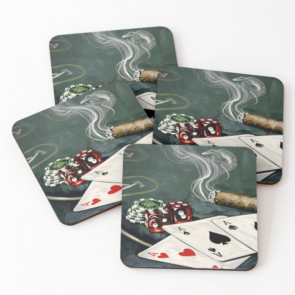 Item preview, High Stakes Poker Table Scene- Four Aces, Poker Chips, Red Dice, and Lit Cigar Abstract AI Art designed and sold by OlfactoART Studio.