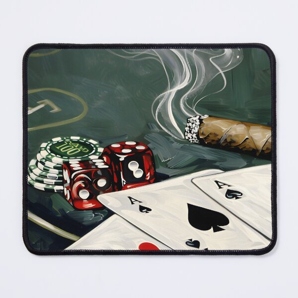 Item preview, High Stakes Poker Table Scene- Four Aces, Poker Chips, Red Dice, and Lit Cigar Abstract AI Art designed and sold by OlfactoART Studio.
