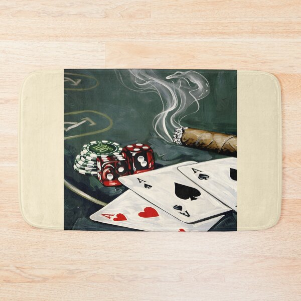Item preview, High Stakes Poker Table Scene- Four Aces, Poker Chips, Red Dice, and Lit Cigar Abstract AI Art designed and sold by OlfactoART Studio.