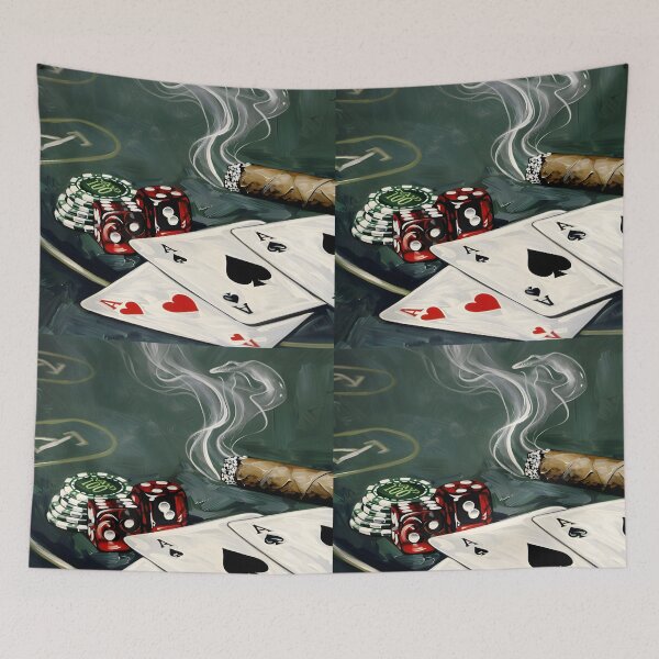 Item preview, High Stakes Poker Table Scene- Four Aces, Poker Chips, Red Dice, and Lit Cigar Abstract AI Art designed and sold by OlfactoART Studio.