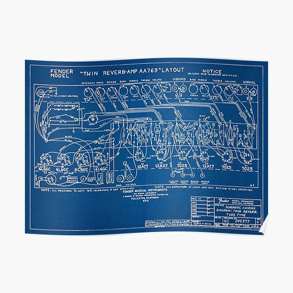 Fender Twin Reverb Amplifier Schematics Blueprint Poster