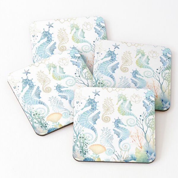Item preview, Whimsical seahorses underwater ocean pastel blue green gold designed and sold by Inktown.