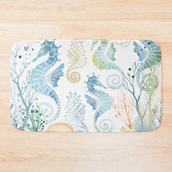 Item preview, Whimsical seahorses underwater ocean pastel blue green gold designed and sold by Inktown.