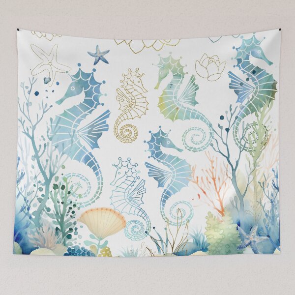 Item preview, Whimsical seahorses underwater ocean pastel blue green gold designed and sold by Inktown.