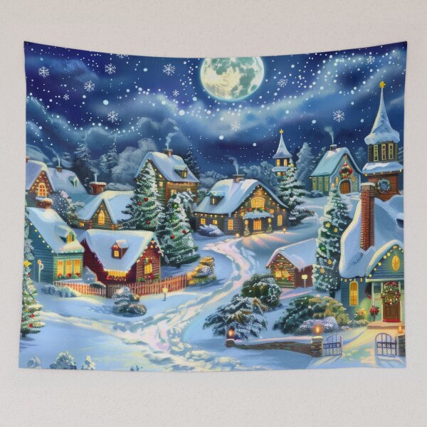 Item preview, Snowy Mountain Town at Night Painting designed and sold by MargaretWiktor.