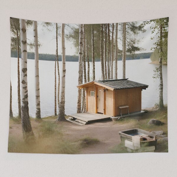 Item preview, Sauna Cabin at Lake in Birch Forest designed and sold by Gaborai.