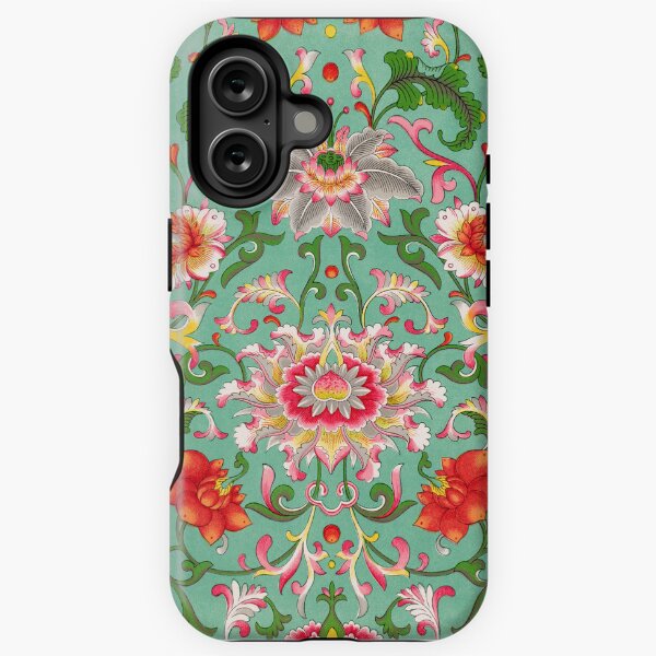 Vintage Aqua Green, Orange and Pink Chinoiserie Pattern iPhone Tough Case