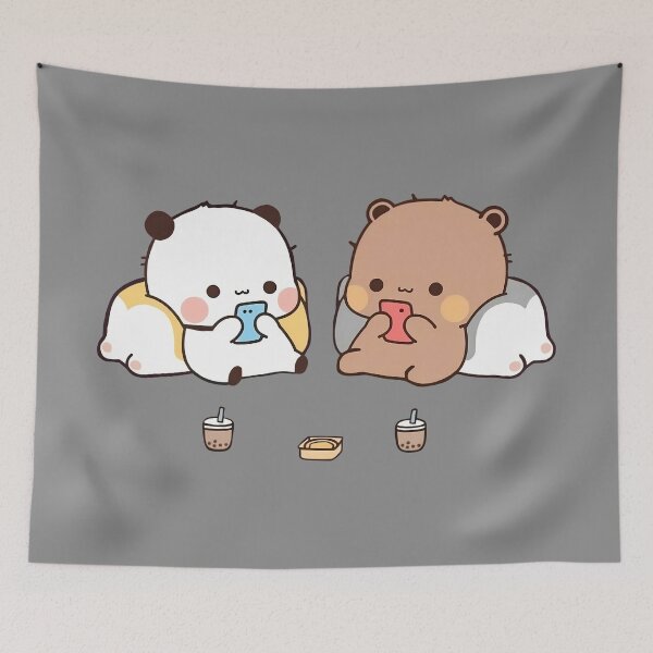 Item preview, DuDu Bear and BuBu Panda playing mobile games❤️ designed and sold by Pandety.