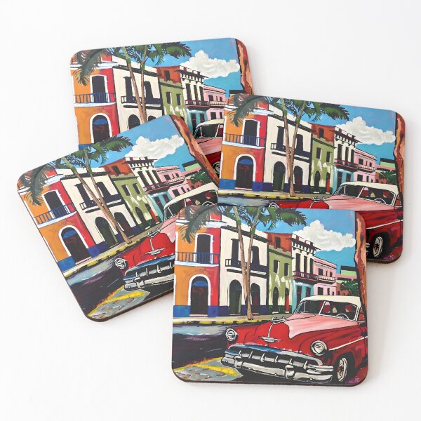 Item preview, Classic Red Car on Lively Havana Street - Vivid Colors, Colorful Buildings, Palm Trees AI Abstract Art designed and sold by OlfactoART Studio.