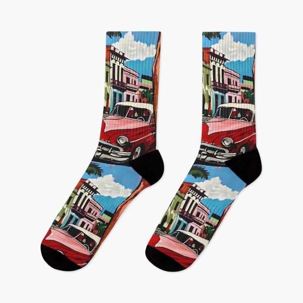 Item preview, Classic Red Car on Lively Havana Street - Vivid Colors, Colorful Buildings, Palm Trees AI Abstract Art designed and sold by OlfactoART Studio.