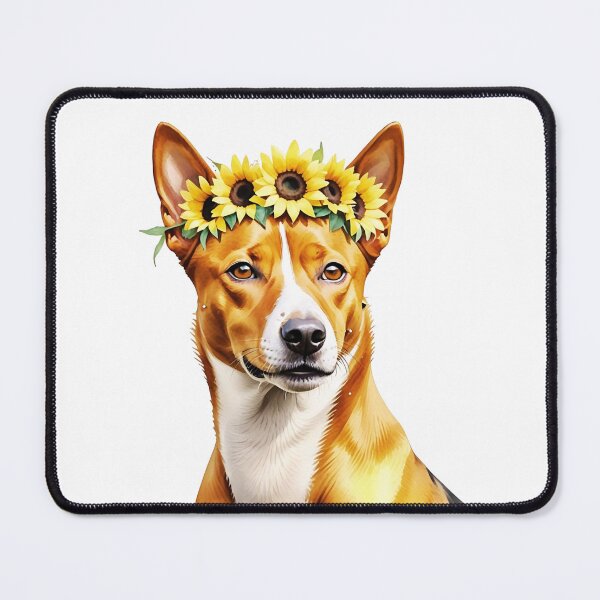 Item preview, Basenji Dog Wearing Sunflower Crown designed and sold by TheAnimalZ00.