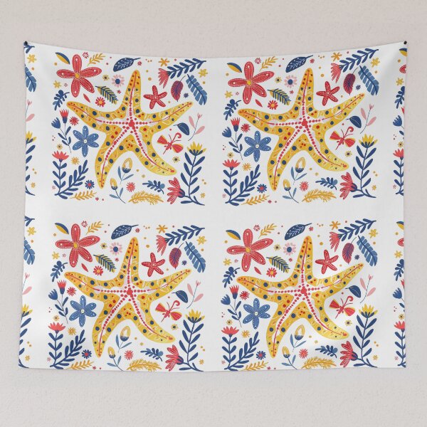 Item preview, Colorful starfish illustration surrounded by vibrant flowers and leaves, creating a tropical and lively atmosphere. designed and sold by primtawan.