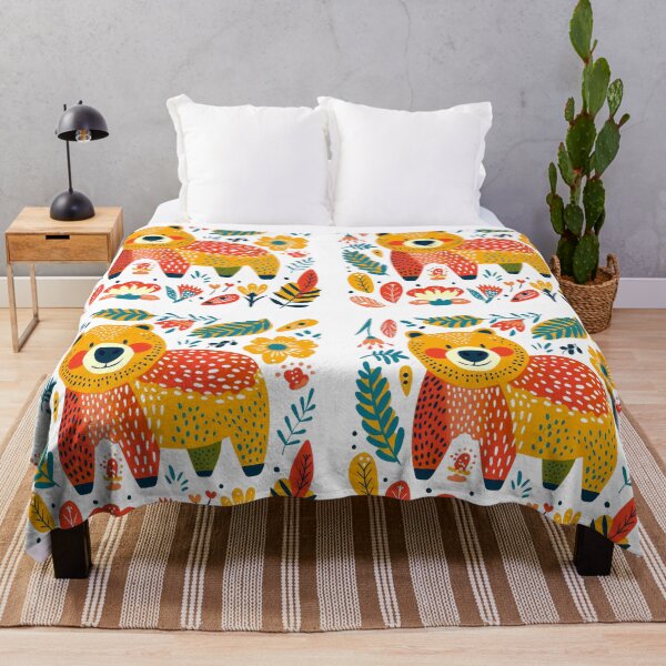 Item preview, Colorful whimsical bear and floral pattern illustration with vibrant leaves, flowers, and playful design elements. designed and sold by primtawan.