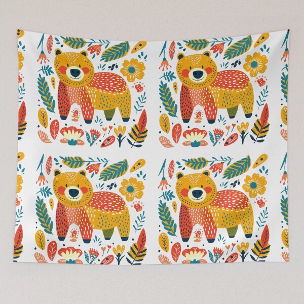 Item preview, Colorful whimsical bear and floral pattern illustration with vibrant leaves, flowers, and playful design elements. designed and sold by primtawan.