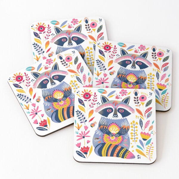 Item preview, Vibrant folk art illustration of a raccoon surrounded by colorful flowers and leaves, perfect for creative design projects. designed and sold by primtawan.