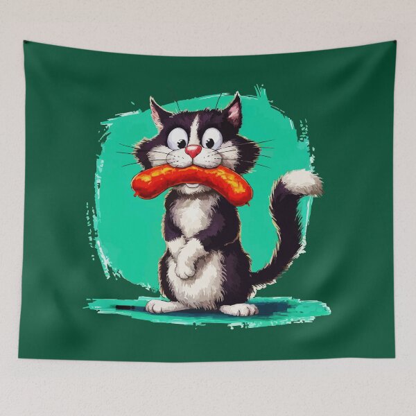 Item preview, Adorable Cartoon Cat with Sausage Delight designed and sold by VikArtStudio.