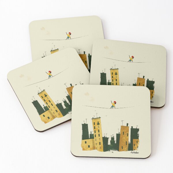 Item preview, A girl balancing on a tightrope stretched high above a cityscape. designed and sold by AristVision.
