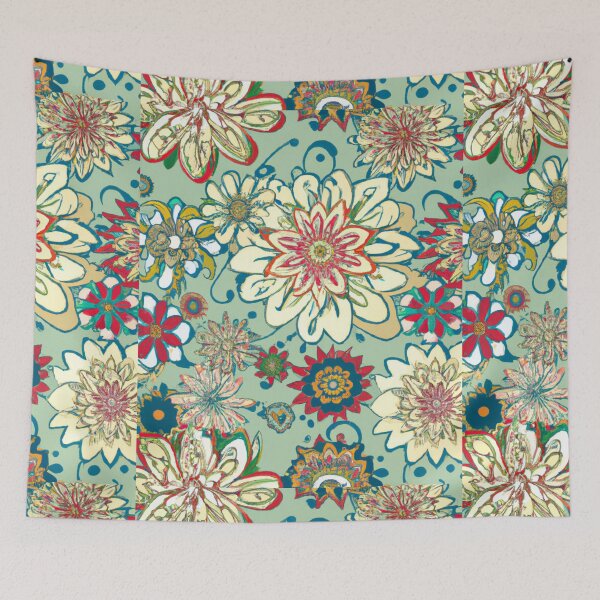 Item preview, seamless pattern of vintage flowers, ethnic vibe, grunge design, 60s wallpaper style designed and sold by bvdesignart.
