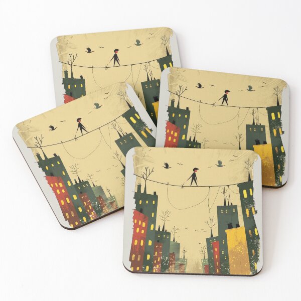 Item preview, A boy balancing on a tightrope stretched high above a cityscape. designed and sold by AristVision.
