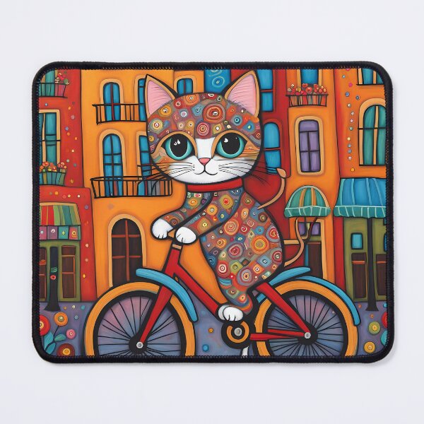 Item preview, Folk Art Kitten riding a bicycle in the city designed and sold by Colin Bentham.