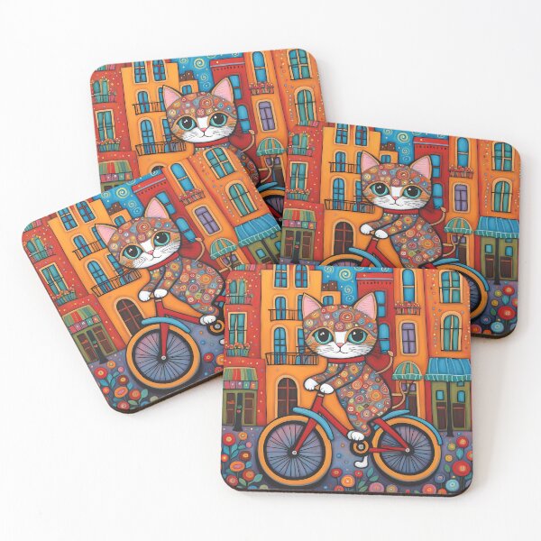 Item preview, Folk Art Kitten riding a bicycle in the city designed and sold by Colin Bentham.