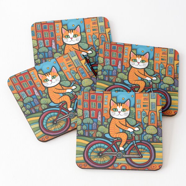 Item preview, Folk Art Kitten riding a bicycle in the city designed and sold by Colin Bentham.