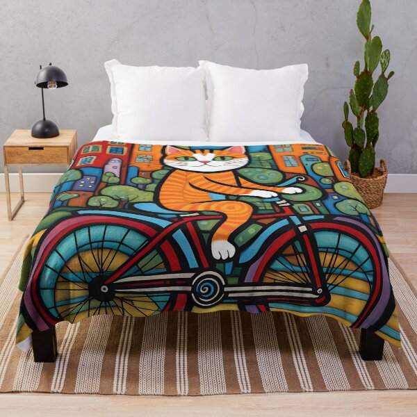 Item preview, Folk Art Kitten riding a bicycle in the city designed and sold by Colin Bentham.