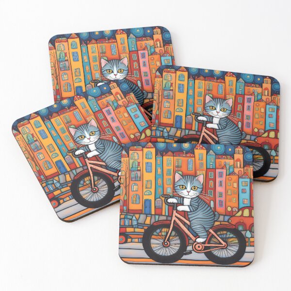 Item preview, Folk Art Kitten riding a bicycle in the city designed and sold by Colin Bentham.