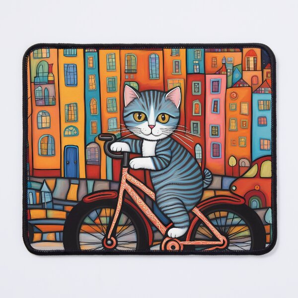 Item preview, Folk Art Kitten riding a bicycle in the city designed and sold by Colin Bentham.
