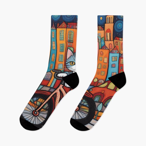 Item preview, Folk Art Kitten riding a bicycle in the city designed and sold by Colin Bentham.