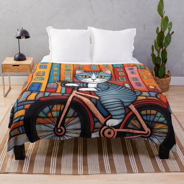 Item preview, Folk Art Kitten riding a bicycle in the city designed and sold by Colin Bentham.