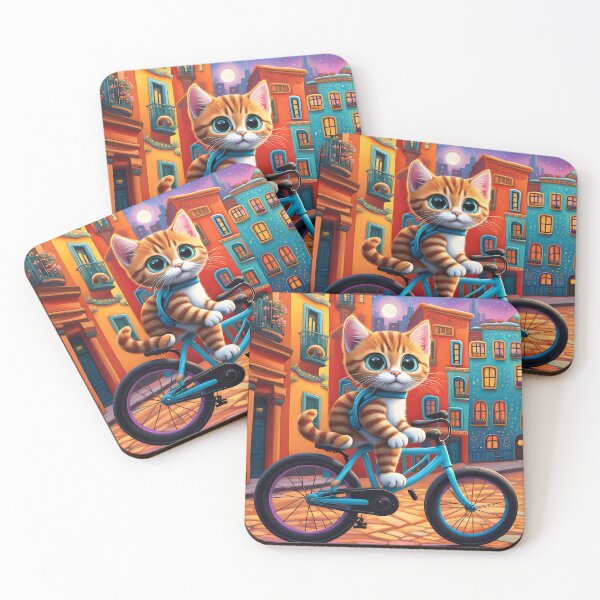 Item preview, Folk Art Kitten riding a bicycle in the city designed and sold by Colin Bentham.