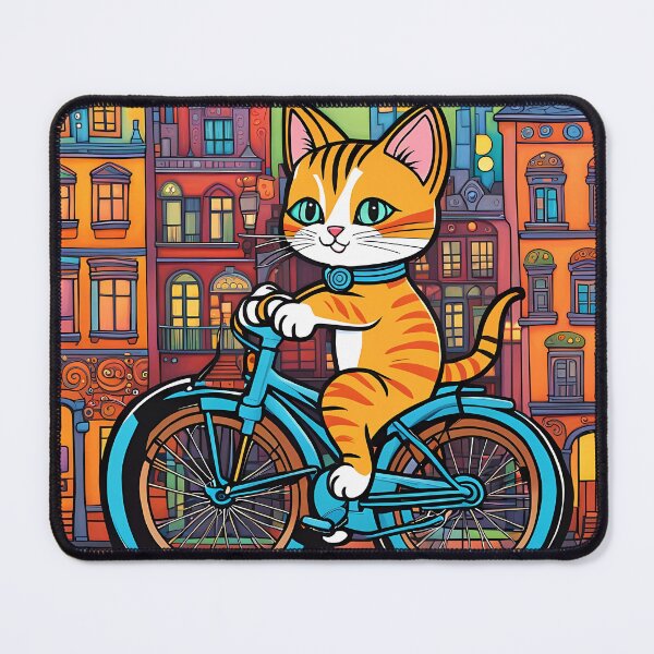 Item preview, Folk Art Kitten riding a bicycle in the city designed and sold by Colin Bentham.