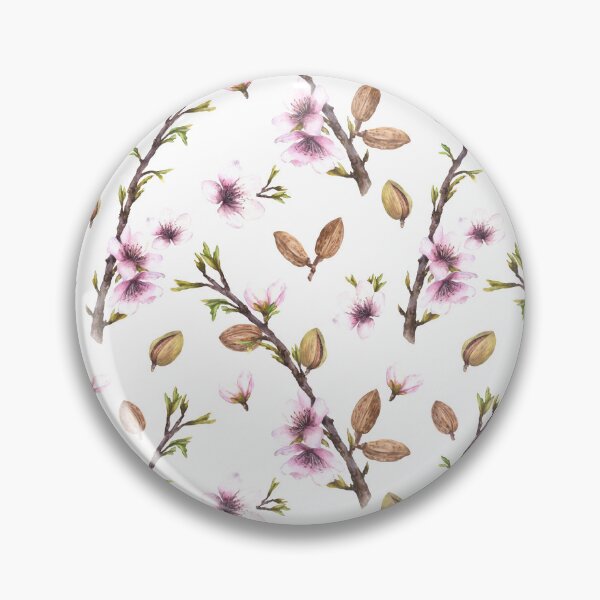 Item preview, Almond blossom tree branch with nuts, leaves buds and flowers. Watercolor pattern designed and sold by BartolArt.