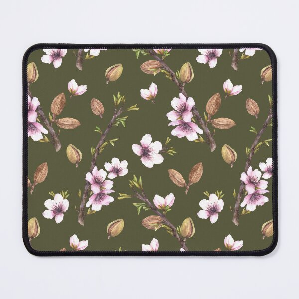 Item preview, Almond blossom tree branch with nuts, leaves buds and flowers. Watercolor pattern designed and sold by BartolArt.
