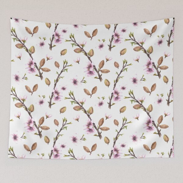 Item preview, Almond blossom tree branch with nuts, leaves buds and flowers. Watercolor pattern designed and sold by BartolArt.