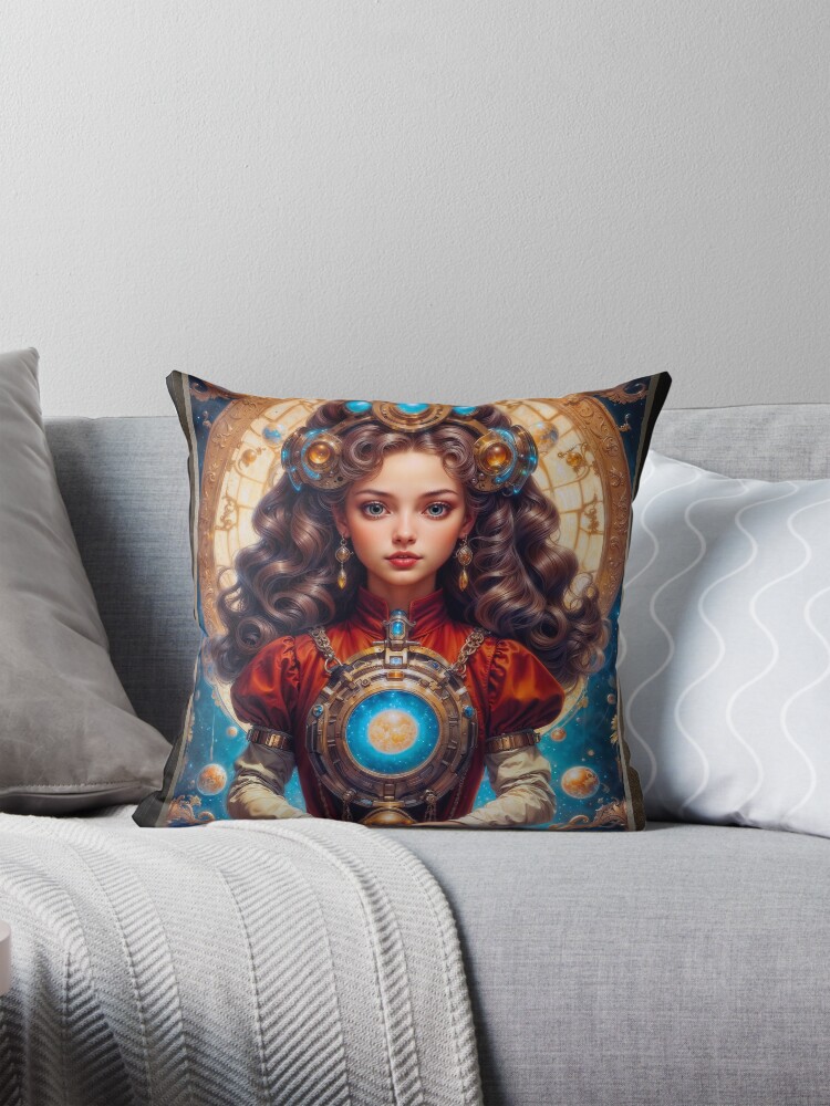 A Victorian Steampunk Celestial Young Maiden Holding A Gold Orb Enchanting AI Concept Art by Xzendor7 Decorative Art Print Throw Pillow