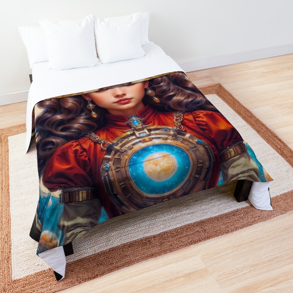 A Victorian Steampunk Celestial Young Maiden Holding A Gold Orb Enchanting AI Concept Art by Xzendor7 Decorative Art Print Comforter