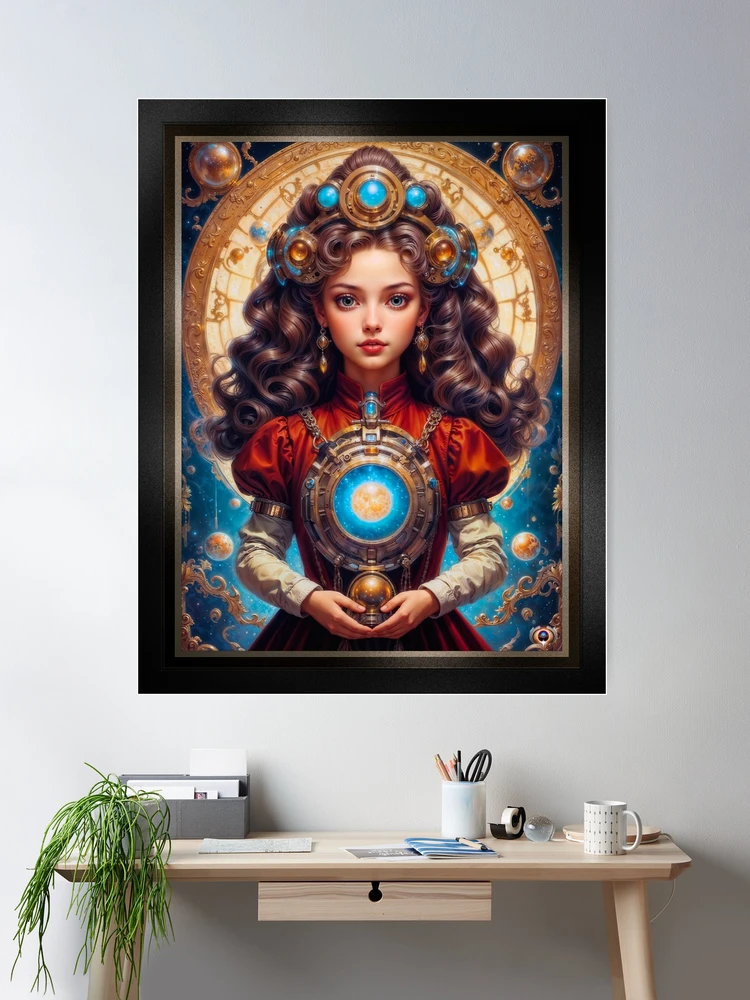 A Victorian Steampunk Celestial Young Maiden Holding A Gold Orb Enchanting AI Concept Art by Xzendor7 Wall Decor Poster Art Print