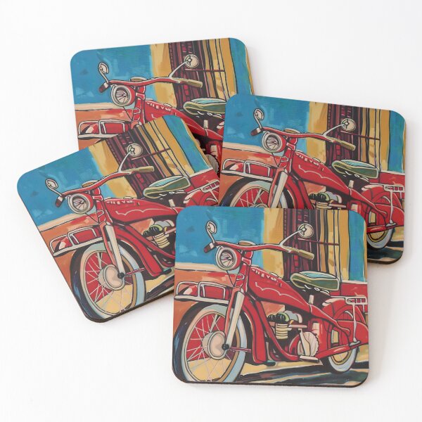 Artikelvorschau, Leuchtend rotes Motorrad vor farbenfroher urbaner Kulisse – blaue und gelbe Wand mit starken Kontrasten entworfen und verkauft von OlfactoART Studio.