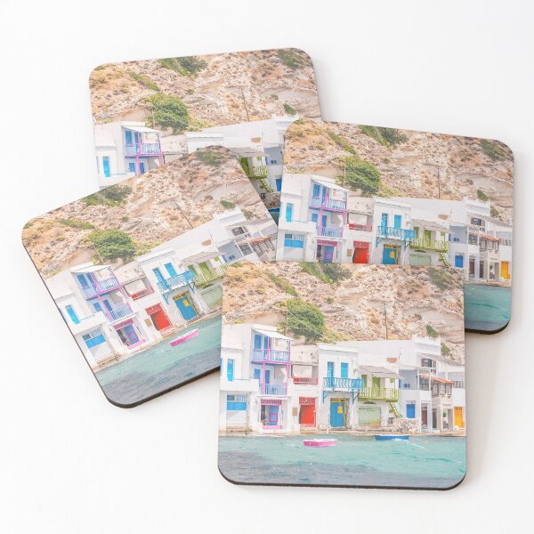 Item preview, Milos, Greece I Colorful fishing village from port of Klima to paradise turquoise water of Cyclades with a retro vintage summer pastel aesthetic and minimalist geometric white architecture on mountain designed and sold by Julie Travel Photography.