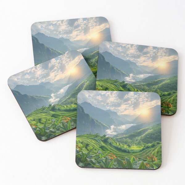 Item preview, Scenic sunrise over lush green terraced rice paddies designed and sold by Artessie.