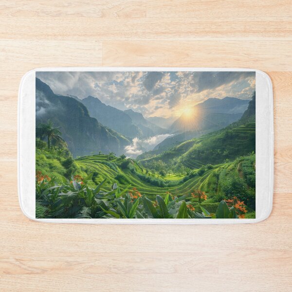Item preview, Scenic sunrise over lush green terraced rice paddies designed and sold by Artessie.