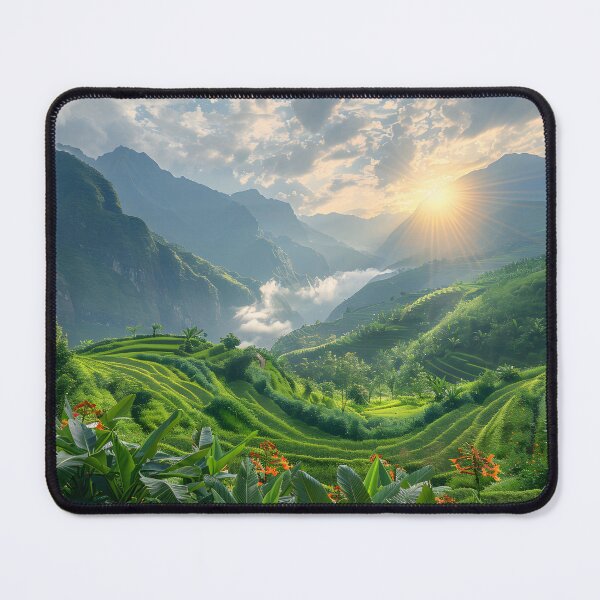 Item preview, Scenic sunrise over lush green terraced rice paddies designed and sold by Artessie.