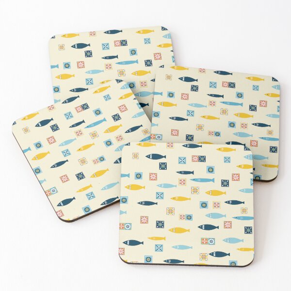 Item preview, Fun beige pattern of sardines and colorful tiles  designed and sold by ElizabethCoelho.