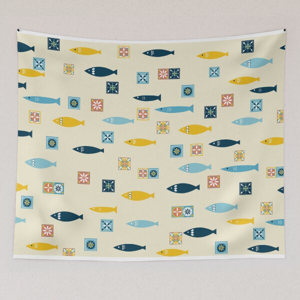 Item preview, Fun beige pattern of sardines and colorful tiles  designed and sold by ElizabethCoelho.